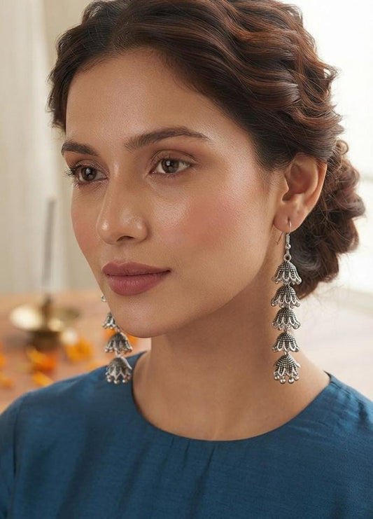 Oxidized Silver Tiered Floral Drop Earrings for Women - Win Bachat