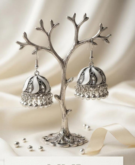 Oxidized Silver White Enamel Jhumka Earrings for Women - Win Bachat