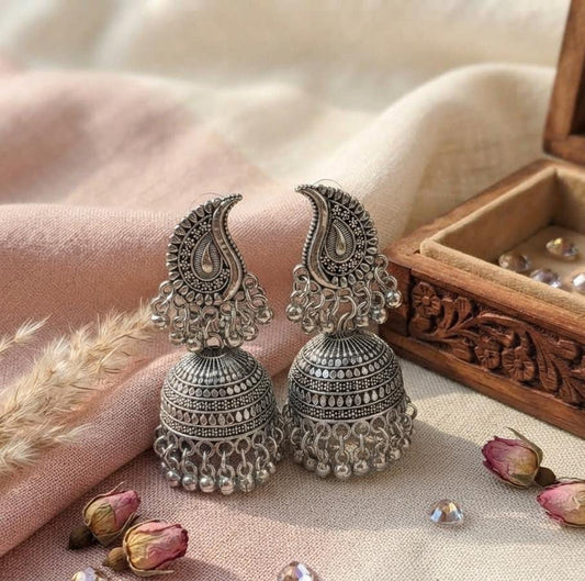 Paisley Oxidized Silver Jhumka Earrings - Win Bachat