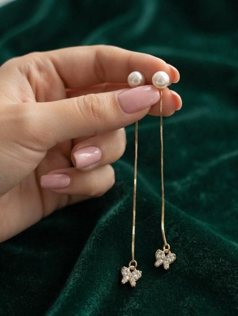Pearl & Crystal Butterfly Chain Drop Earrings for Women - Win Bachat