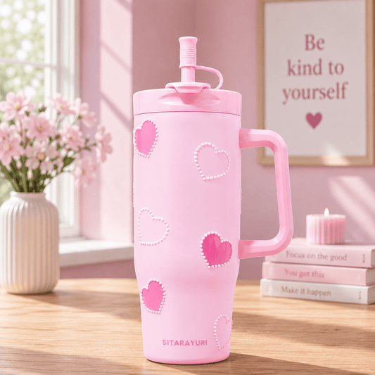 Pink Heart Print Insulated Tumbler with Handle & Straw - Win Bachat