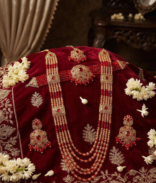 Red & Champagne Layered Beaded Rani Haar Set - Win Bachat