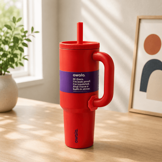 Red Insulated Tumbler with Handle & Built-in Straw - Win Bachat
