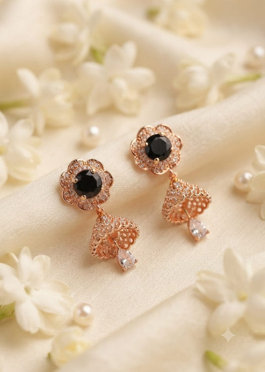Rose Gold Black Floral Jhumka Earrings for Women - Win Bachat