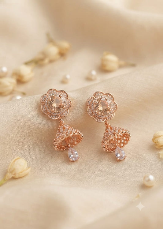 Rose Gold Champagne Floral Jhumka Earrings for Women - Win Bachat