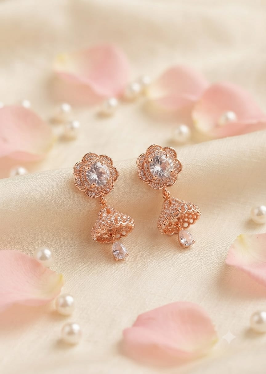 Rose Gold Clear Crystal Floral Jhumka Earrings for Women - Win Bachat