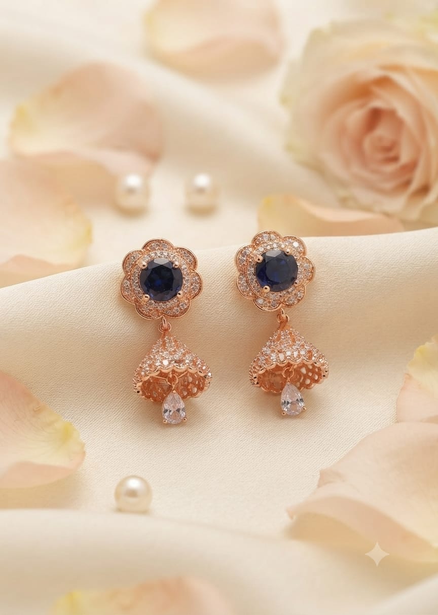 Rose Gold Navy Blue Floral Jhumka Earrings for Women - Win Bachat