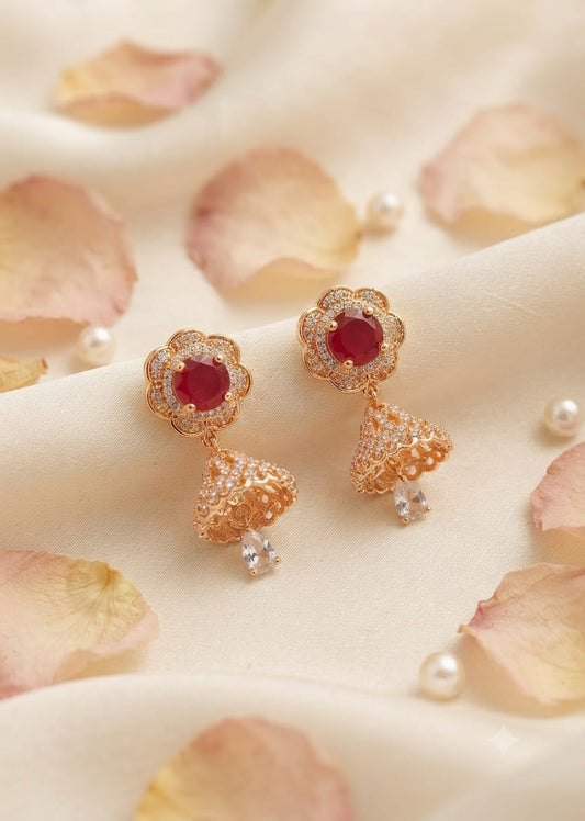 Rose Gold Red Floral Jhumka Earrings for Women - Win Bachat