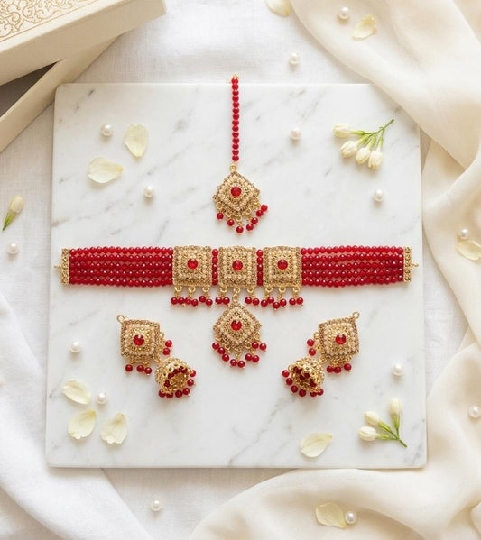 Ruby Red Beaded Choker Set with Jhumka Earrings & Maang Tikka - Win Bachat