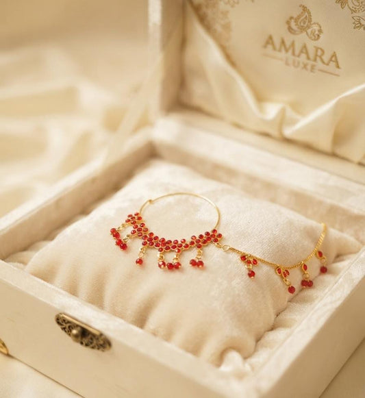 Ruby Red Bridal Nath with Beaded Chain - Win Bachat