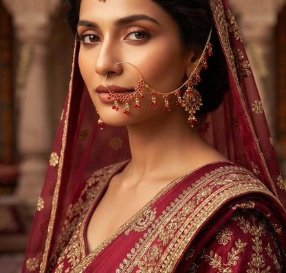 Ruby Red Bridal Nath with Beaded Chain - Win Bachat