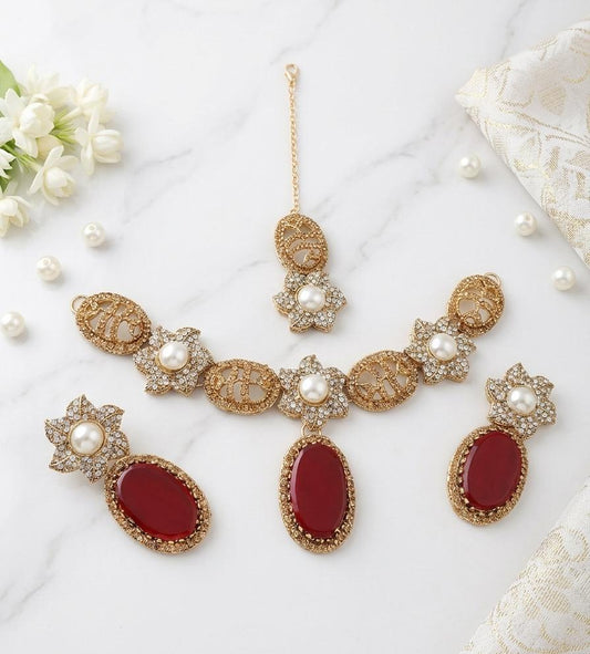 Ruby Red Oval Stone Gold-Tone Floral Choker Set - Win Bachat