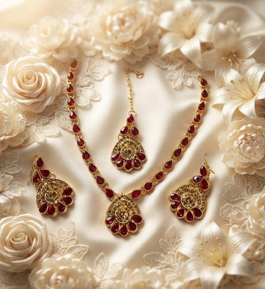 Ruby Red Teardrop Stone Necklace Set with Earrings & Maang Tikka - Win Bachat