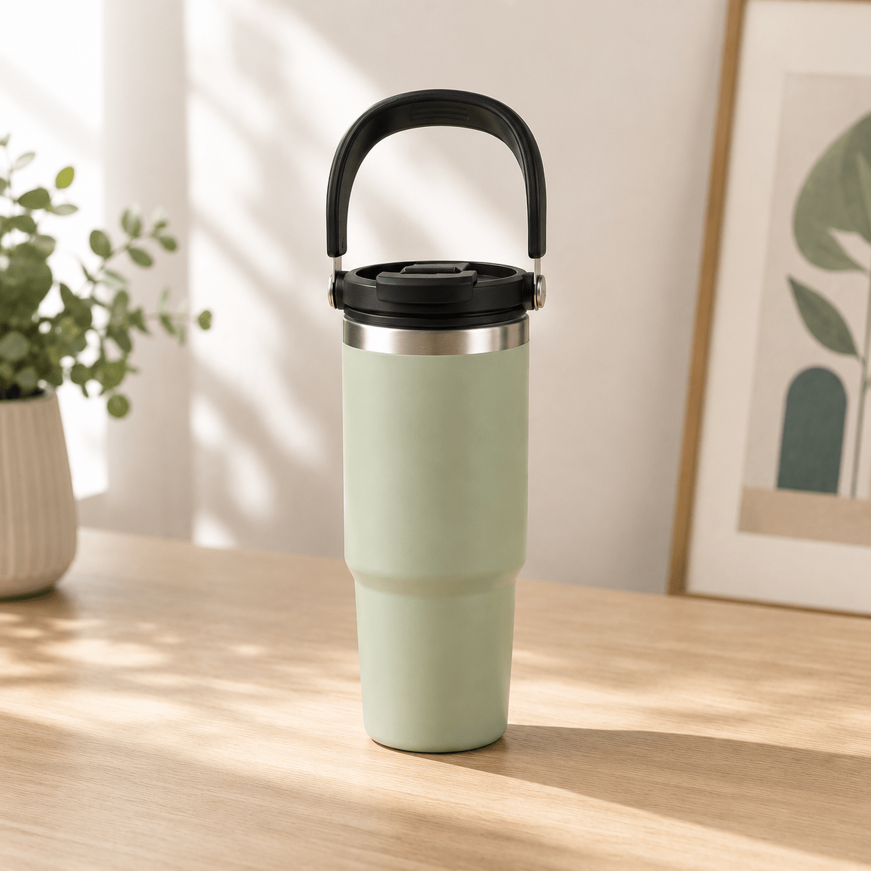 Sage Green Insulated Travel Tumbler with Carry Handle - Win Bachat
