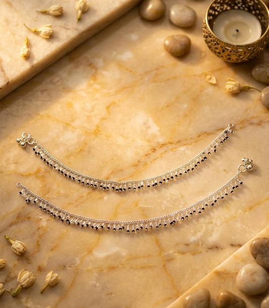 Silver & Black Beaded Double-Layer Anklet Pair - Win Bachat