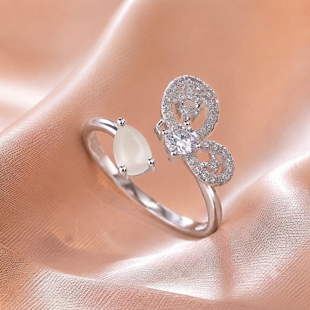 Silver Butterfly Adjustable Zircon Ring – White Stone - Win Bachat