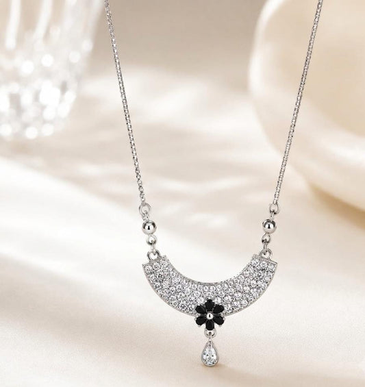 Silver Moon Style Pendant Chain with Black Flower Accent - Win Bachat