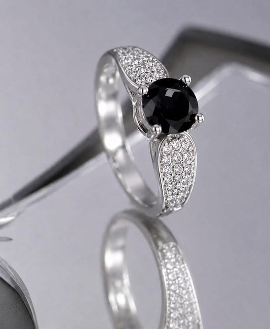 Silver Plated Micro Zircon Adjustable Ring – Black Stone - Win Bachat
