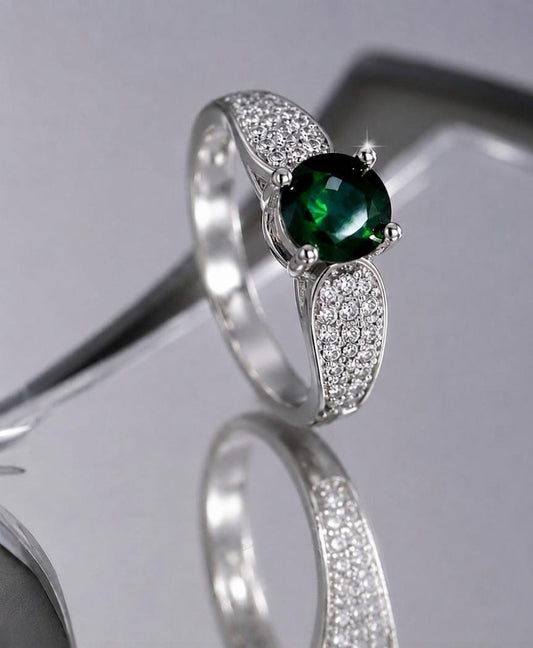 Silver Plated Micro Zircon Adjustable Ring – Green Stone - Win Bachat