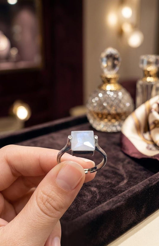 Silver Plated White Square Stone Adjustable Ring - Win Bachat