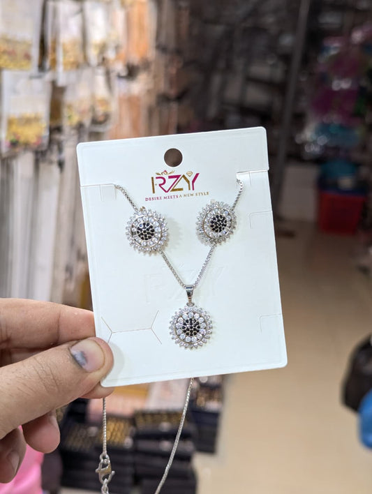 Silver-Tone Black Crystal Round Pendant & Earrings Set - Win Bachat