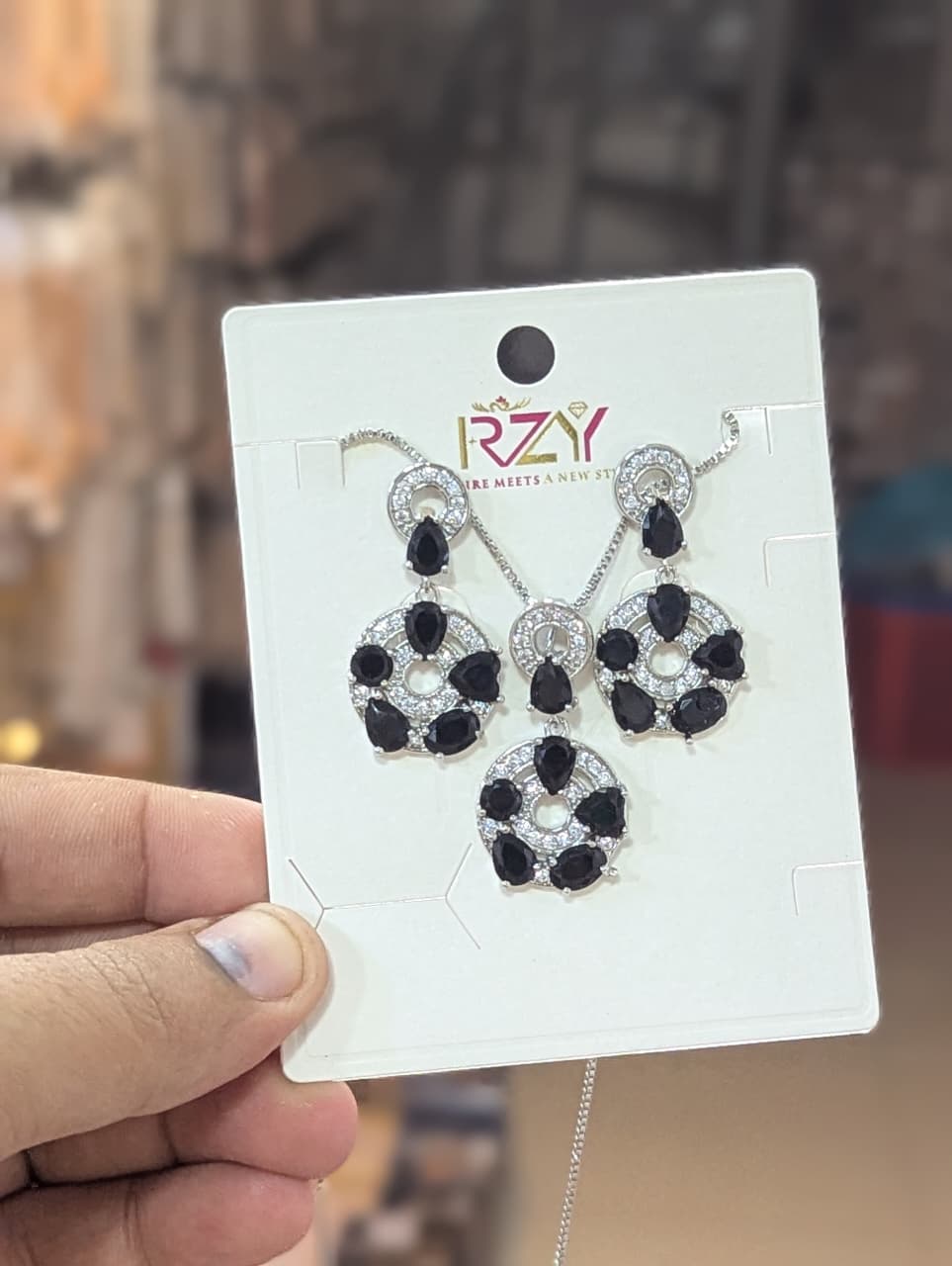 Silver-Tone Black Teardrop Crystal Pendant & Earrings Set - Win Bachat