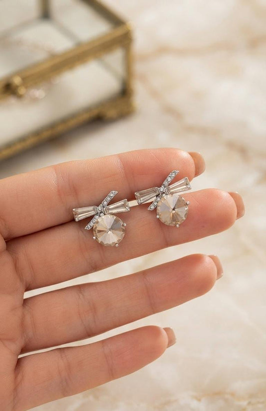 Silver-Tone Bow Crystal Stud Drop Earrings for Women - Win Bachat