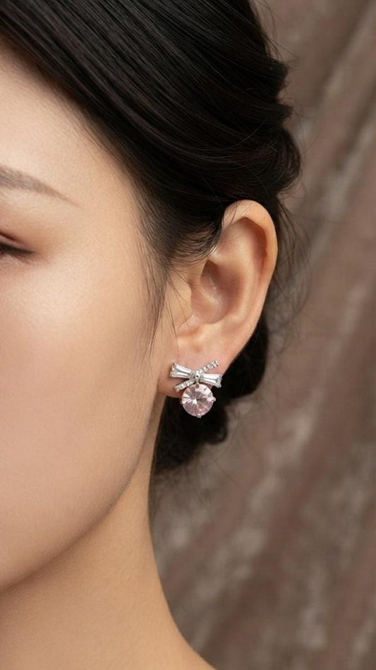 Silver-Tone Bow & Pink Crystal Drop Earrings for Women - Win Bachat