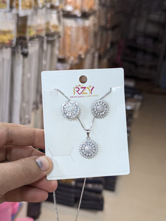 Silver-Tone Clear Crystal Round Pendant & Earrings Set - Win Bachat
