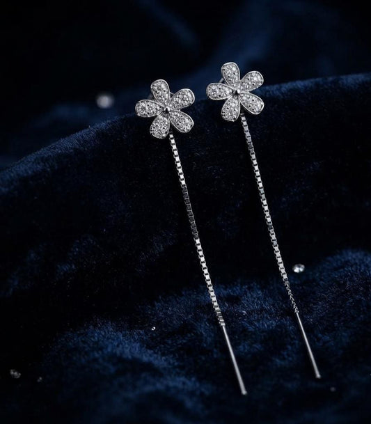 Silver-Tone Crystal Flower Long Chain Earrings for Women - Win Bachat