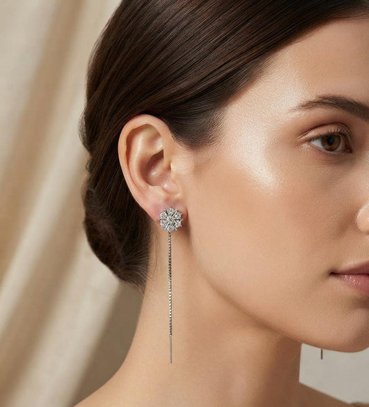 Silver-Tone Floral Crystal Long Drop Earrings for Women - Win Bachat