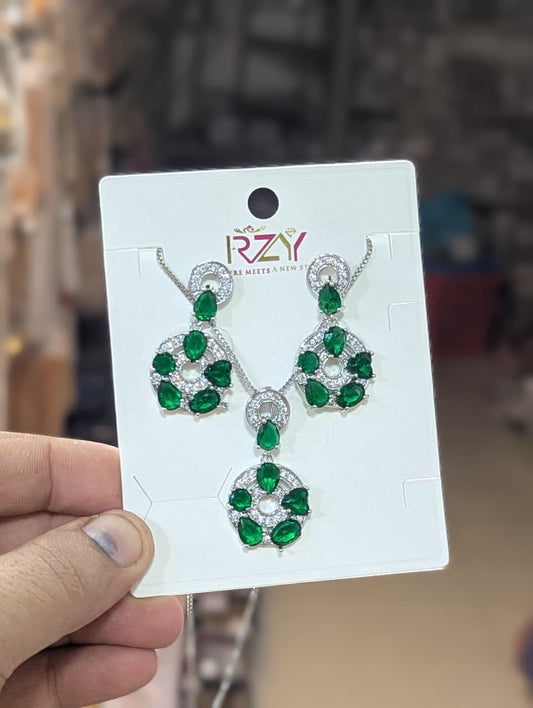 Silver-Tone Green Teardrop Crystal Pendant & Earrings Set - Win Bachat