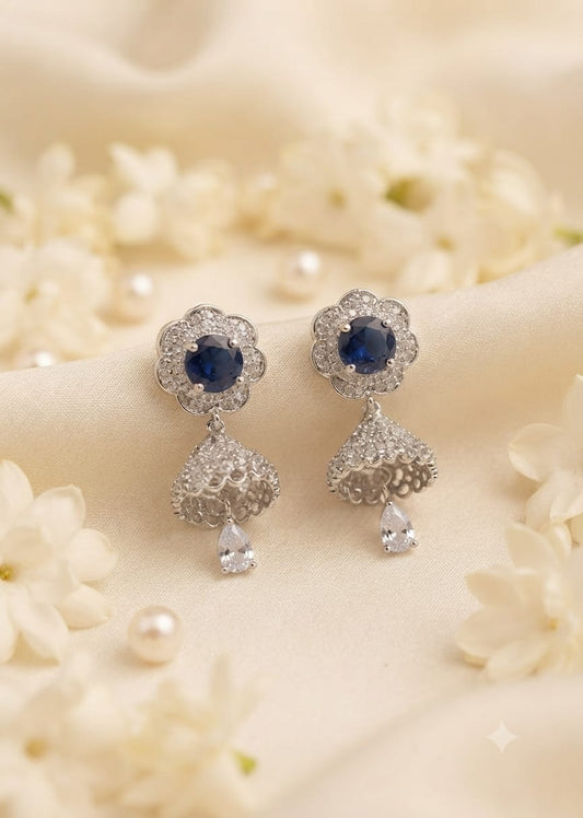 Silver-Tone Navy Blue Floral Jhumka Earrings for Women - Win Bachat