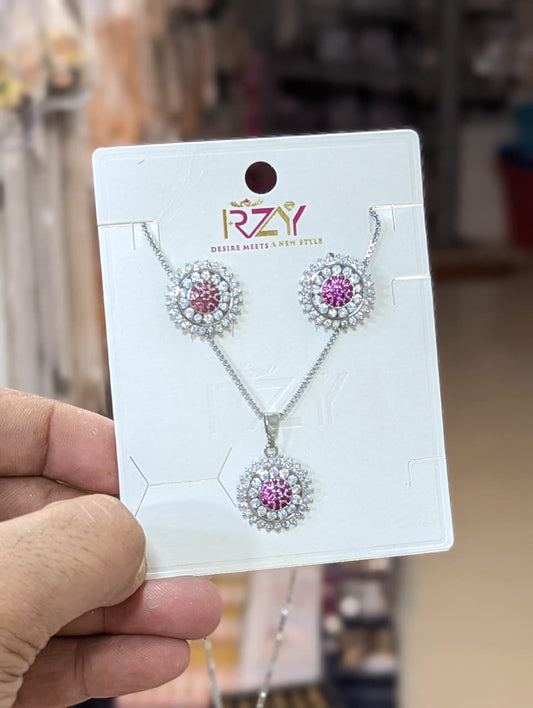 Silver-Tone Pink Crystal Round Pendant & Earrings Set - Win Bachat