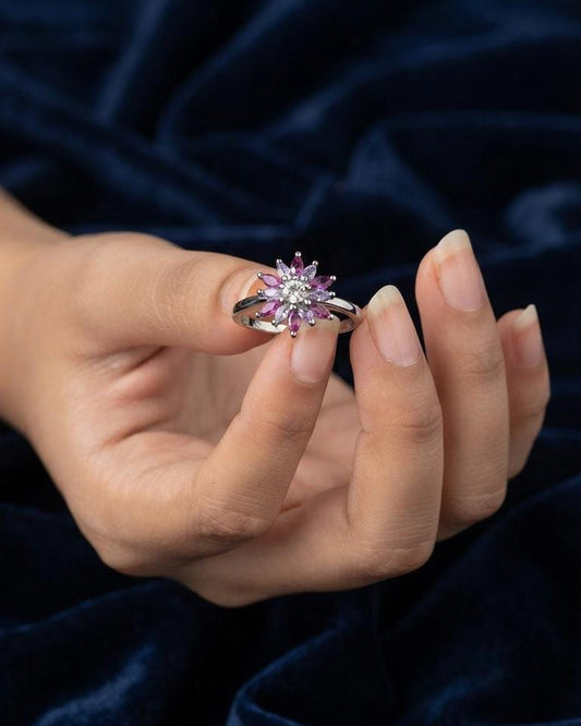 Silver-Tone Pink Floral Crystal Statement Ring for Women - Win Bachat