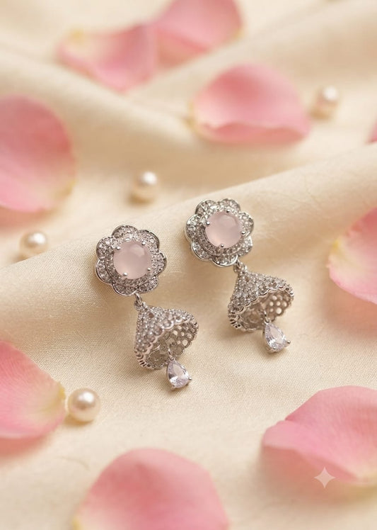 Silver-Tone Pink Floral Jhumka Earrings for Women - Win Bachat