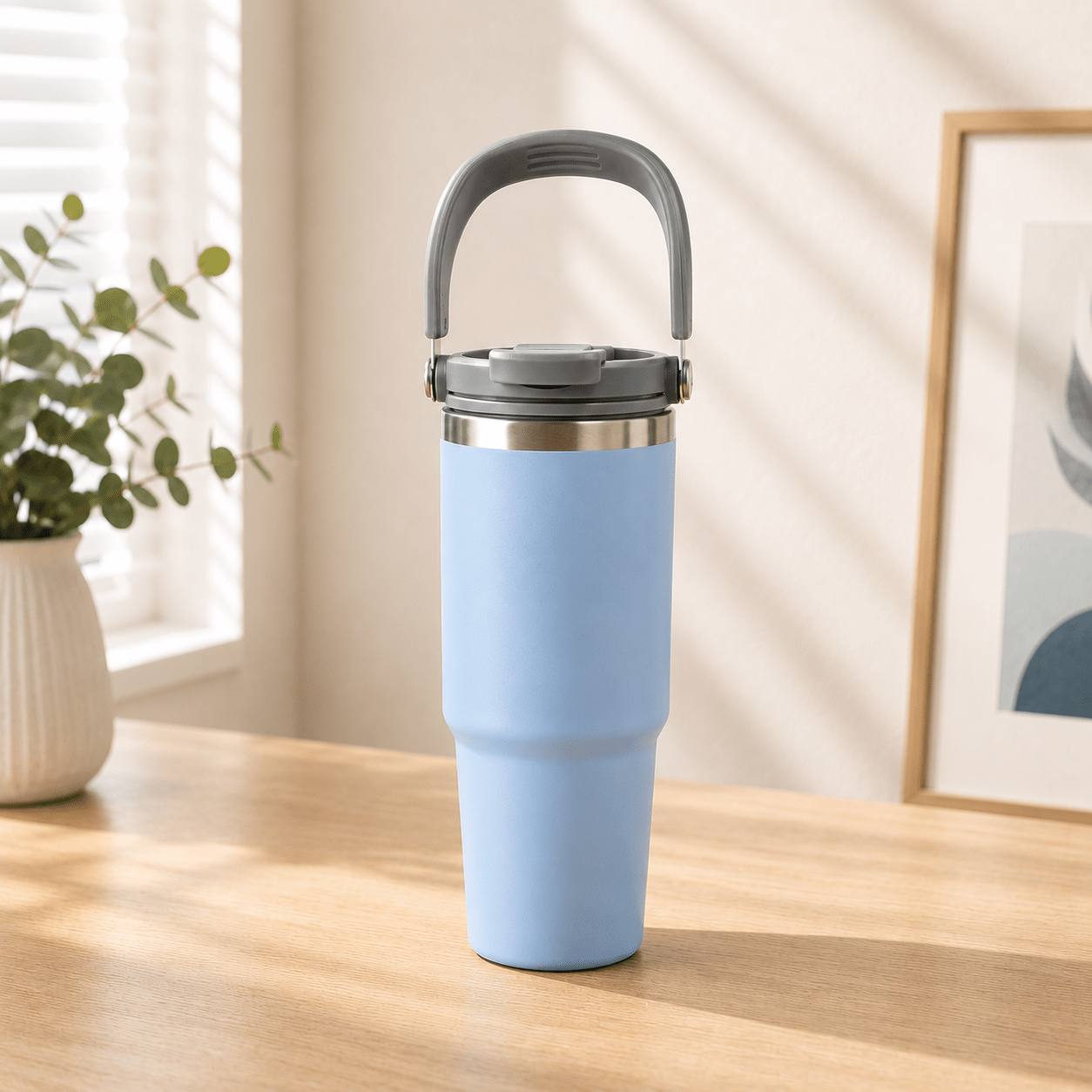 Sky Blue Insulated Travel Tumbler with Carry Handle - Win Bachat