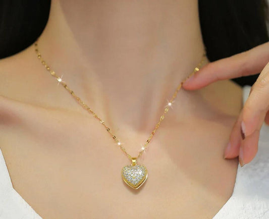 Sparkling Heart Pendant Gold-Tone Necklace - Win Bachat