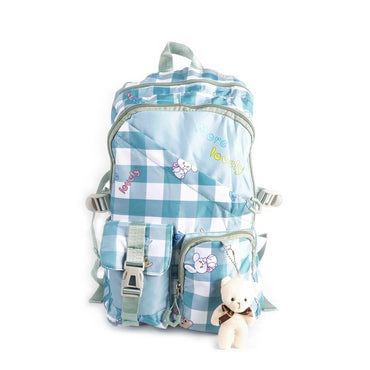 Kids Checkered School Backpack with Teddy Keychain – Sky Blue