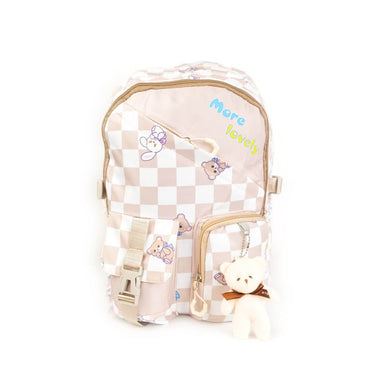 Checkered School Backpack with Teddy Keychain – Brown & White