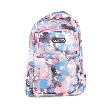 Heart Print School Backpack – Grey & Pink