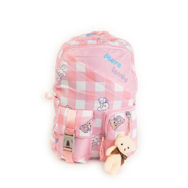 Checkered School Backpack with Teddy Keychain – Pink