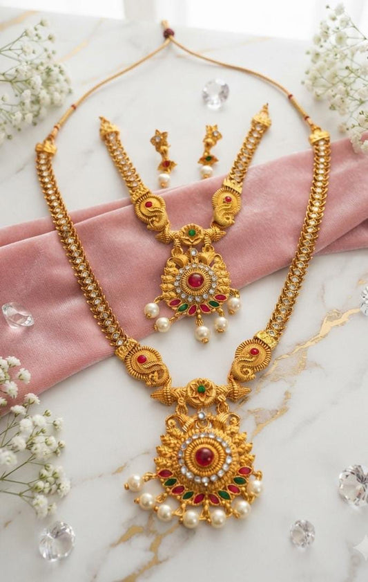 Traditional Gold-Tone Temple Necklace Set with Pearl Drops - Win Bachat