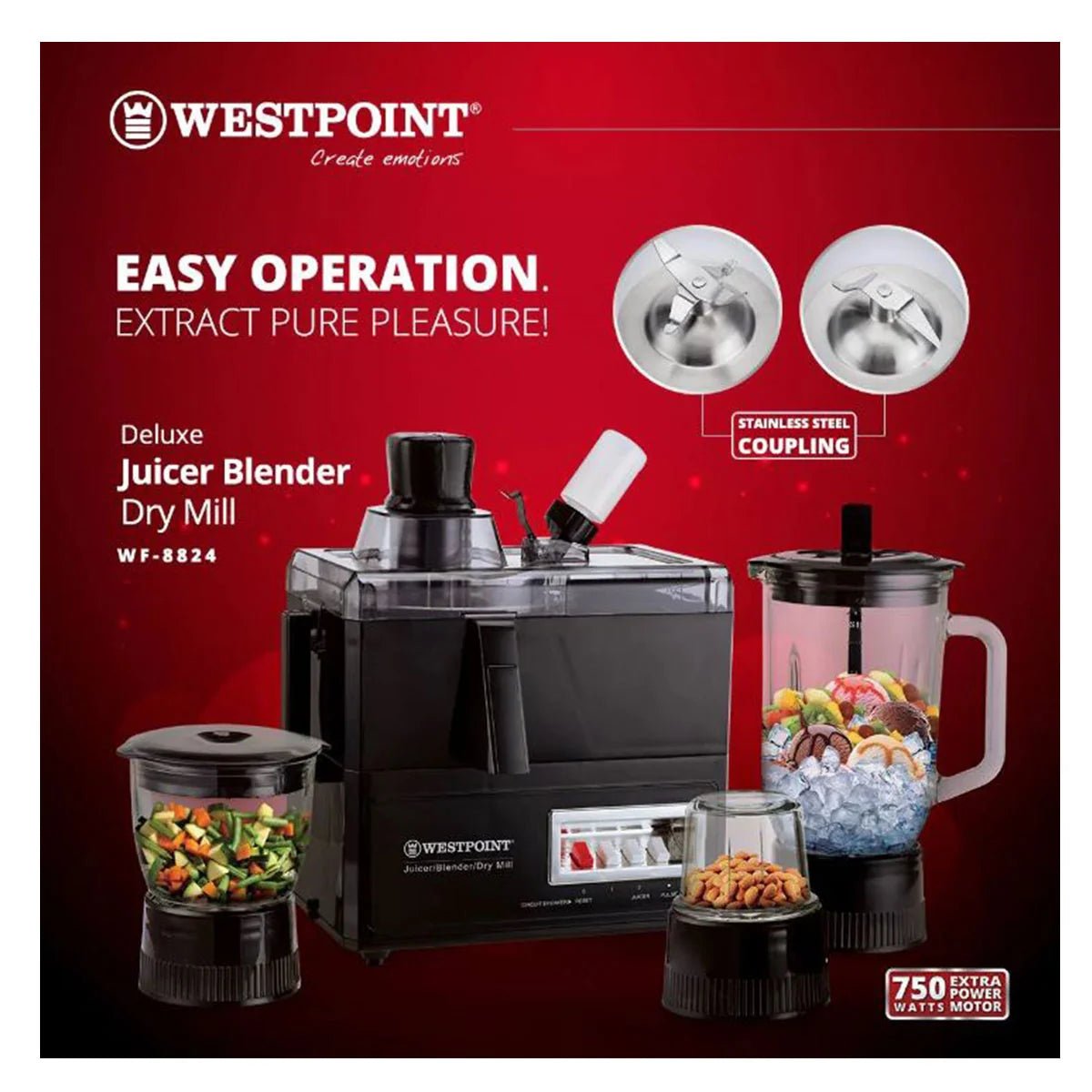 Westpoint Deluxe 4-in-1 Juicer Blender Dry Mill & Chopper WF-8824 - Win Bachat