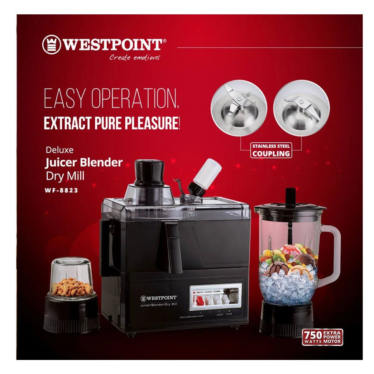 Westpoint Deluxe Juicer Blender Dry Mill 750W WF-8823 - Win Bachat