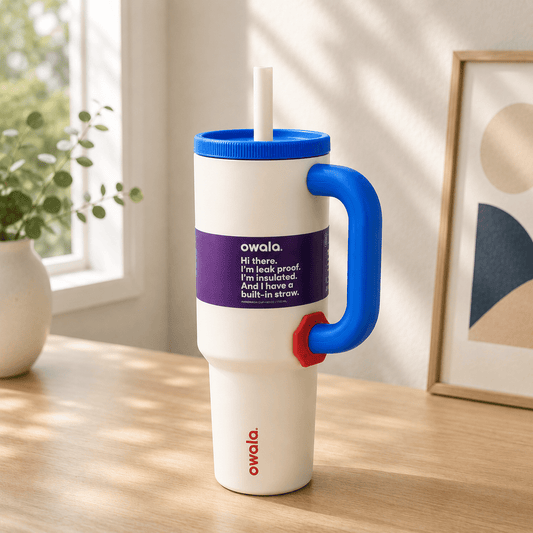 White & Blue Insulated Tumbler with Handle & Built-in Straw - Win Bachat