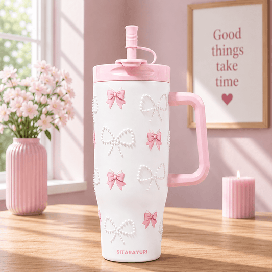 White Bow Print Insulated Tumbler with Handle & Straw - Win Bachat