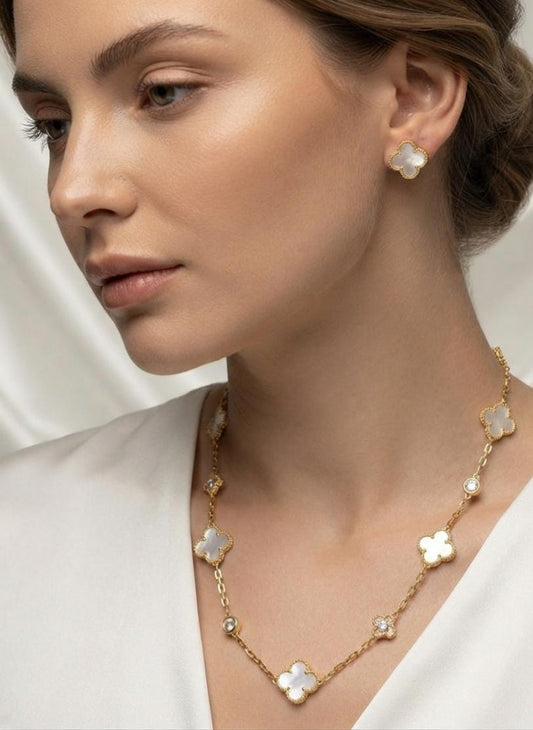 White Clover Necklace & Stud Earrings Set for Women - Win Bachat